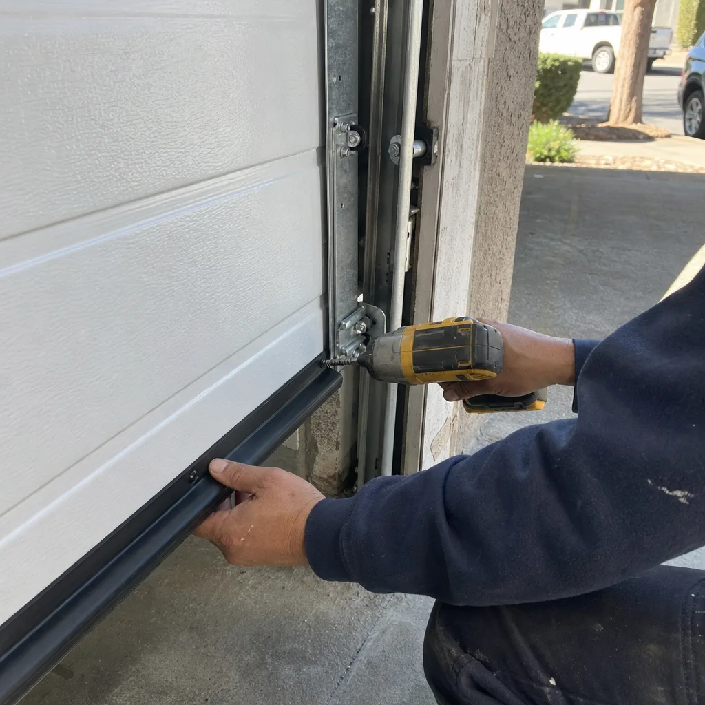 Technician using a power drill to install garage door bottom weather seal