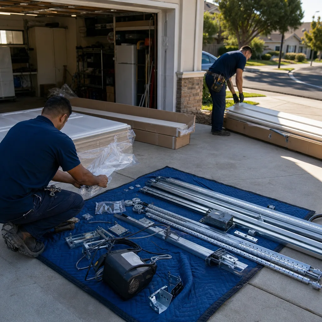 Two professional technicians installing a new garage door system