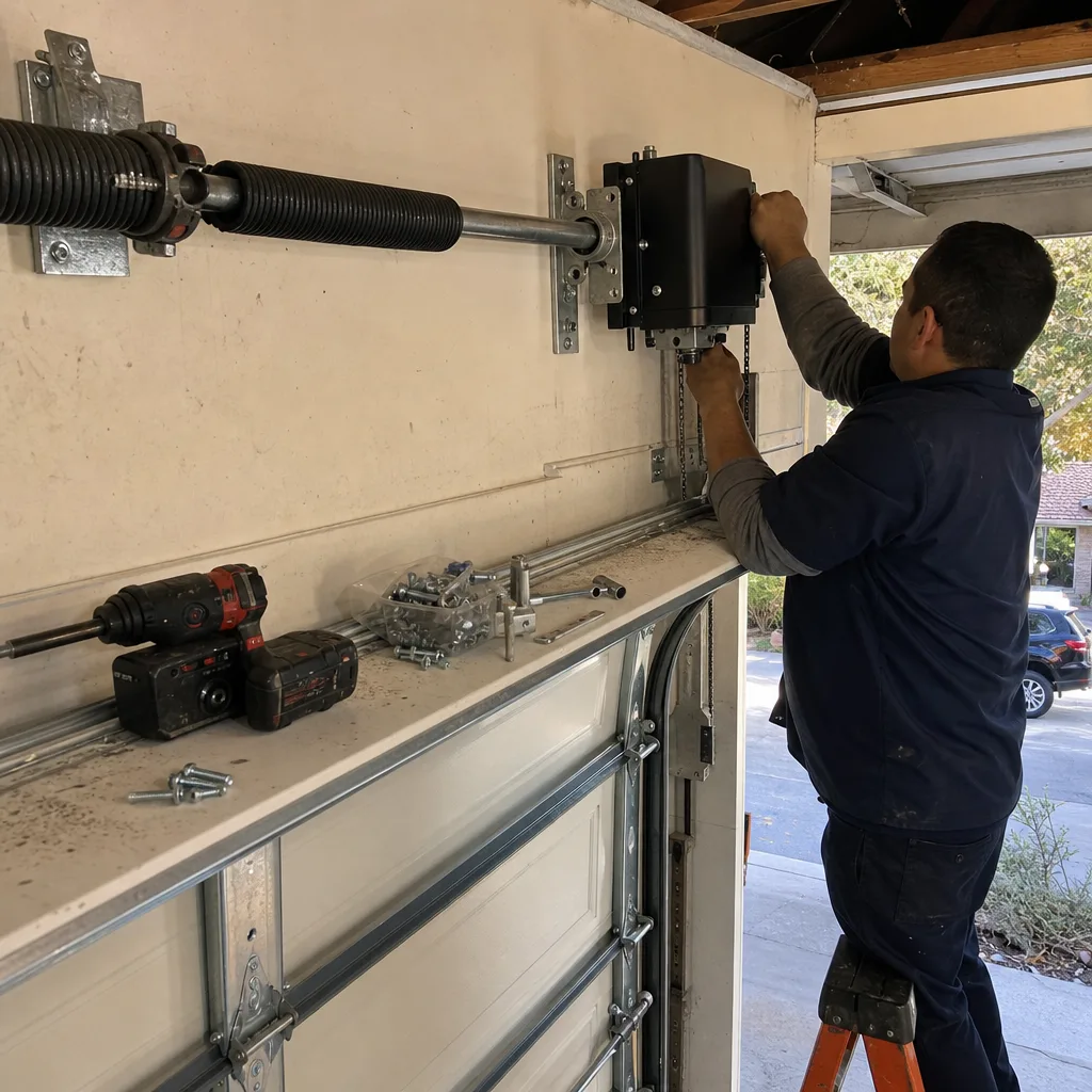 Technician performing professional garage door opener installation and repair