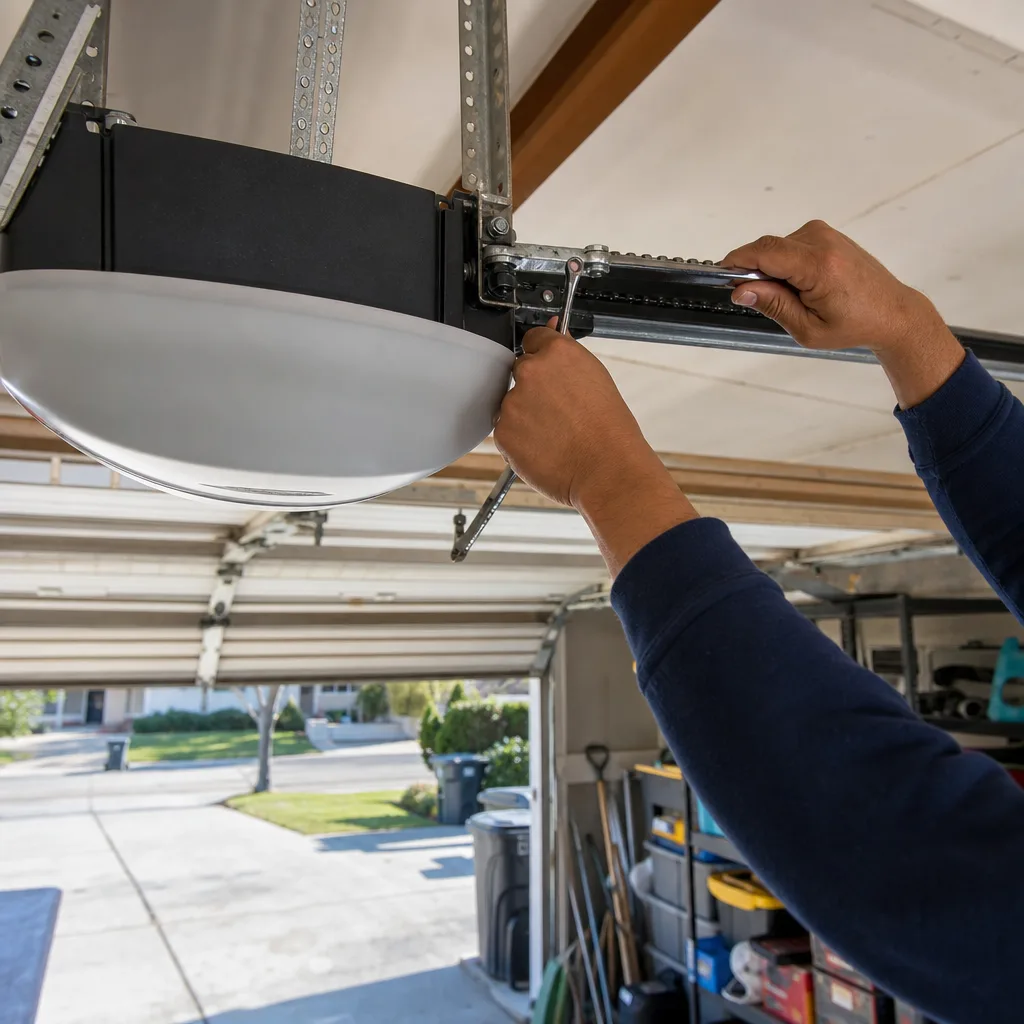 Technician performing garage door opener repair and installation