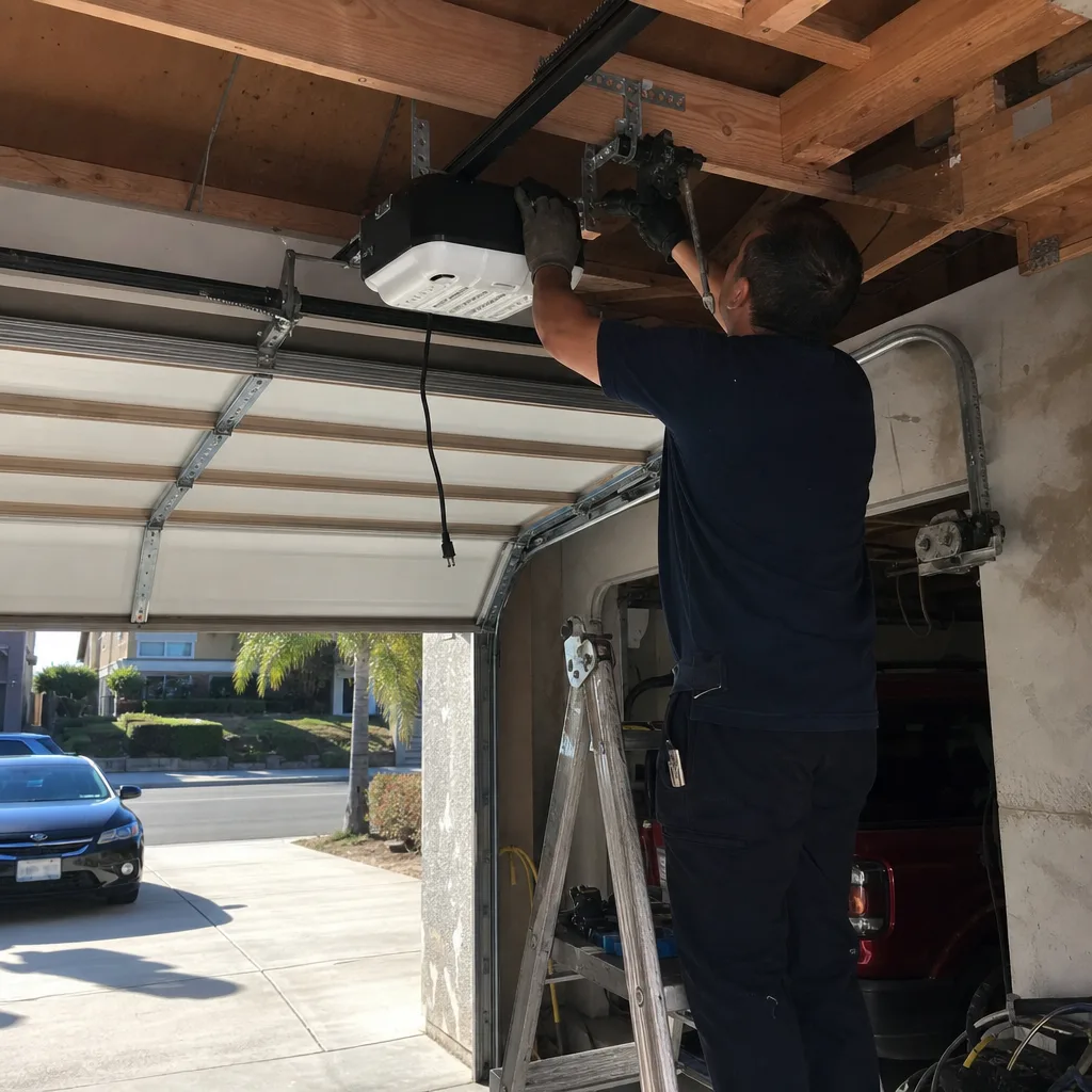 Technician performing professional garage door opener installation and repair