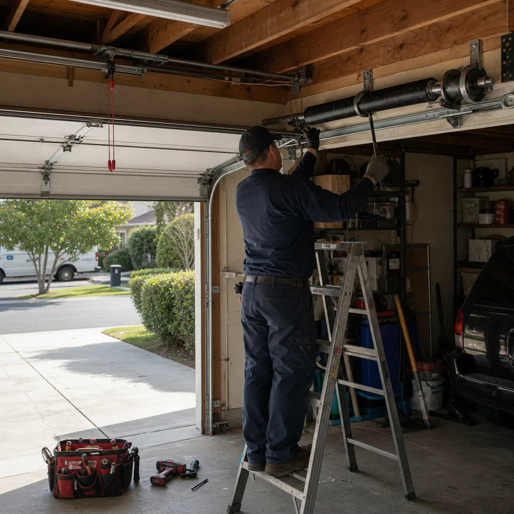 Technician performing professional garage door torsion spring repair on a ladder