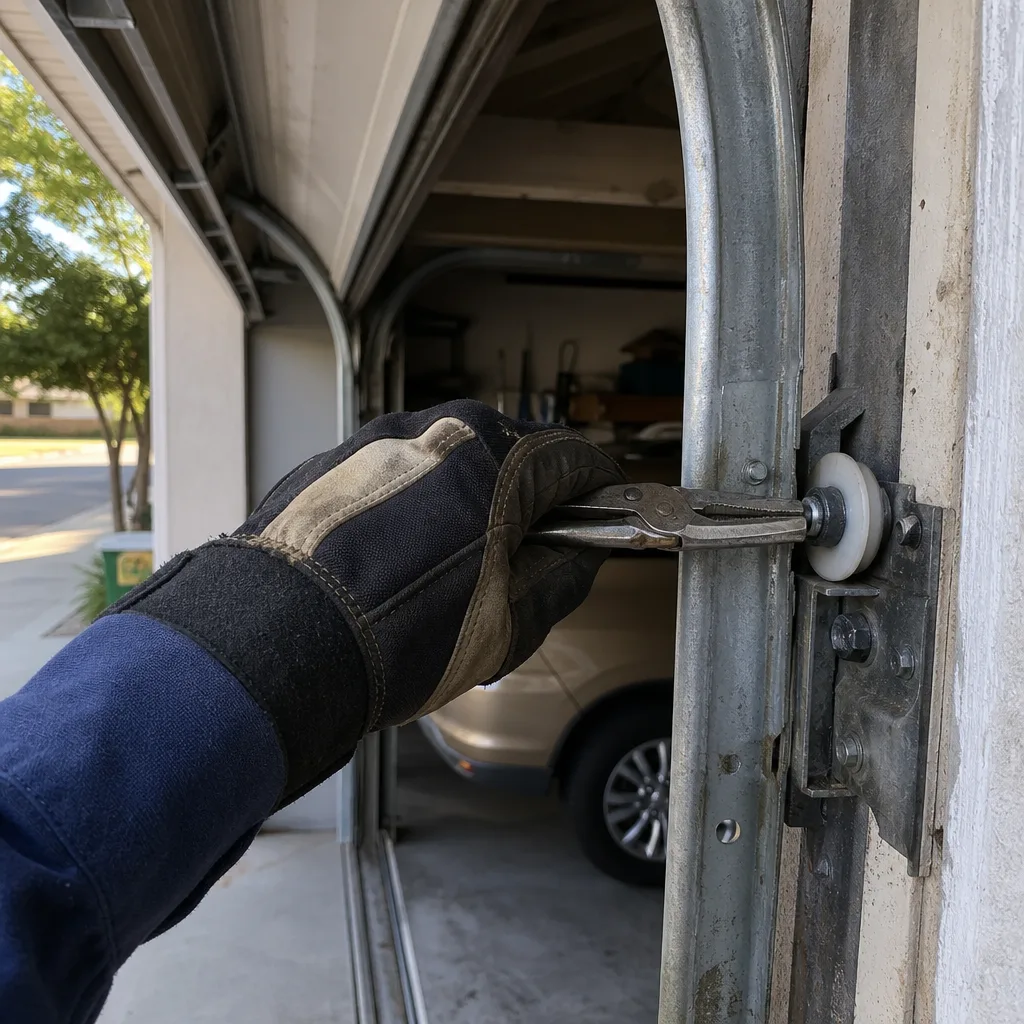 Technician performing professional garage door roller repair and maintenance.
